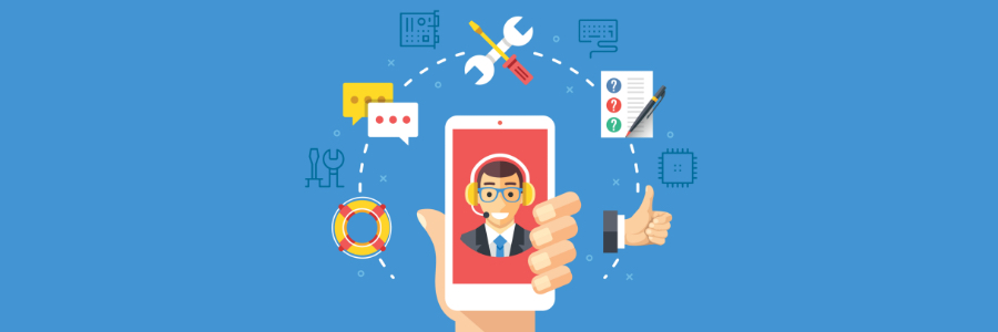 graphic of man with headset on mobile device surrounded by IT assistance capabilities