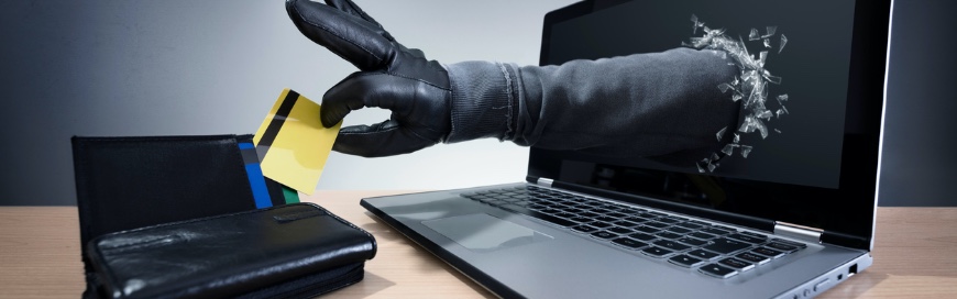 arm bursting through computer screen to steal credit card out of wallet. Protecting your online identity hero-shot